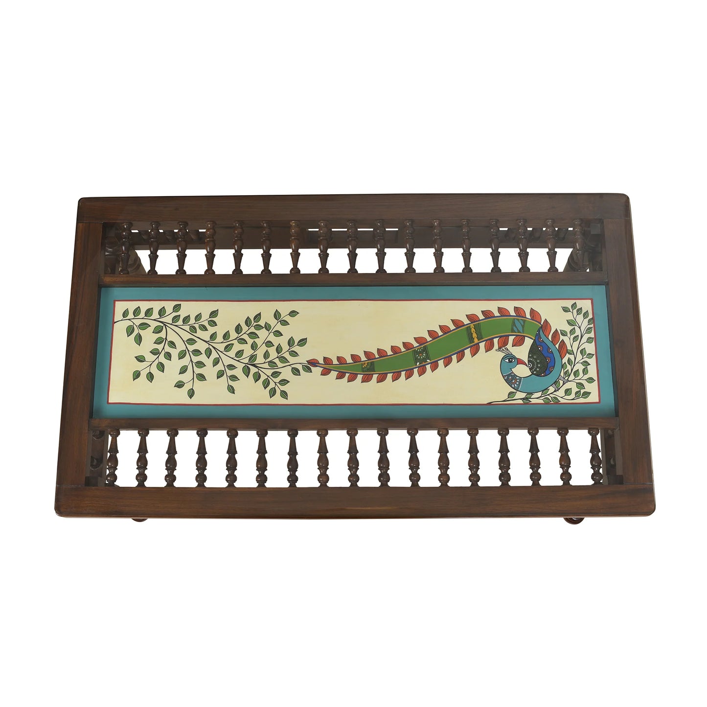 Peacock-I Solid Teakwood Rectangular Coffee Table – 42-Inch Traditional Walnut Finish Center Table with Hand-Painted Art and Turned Spindles
