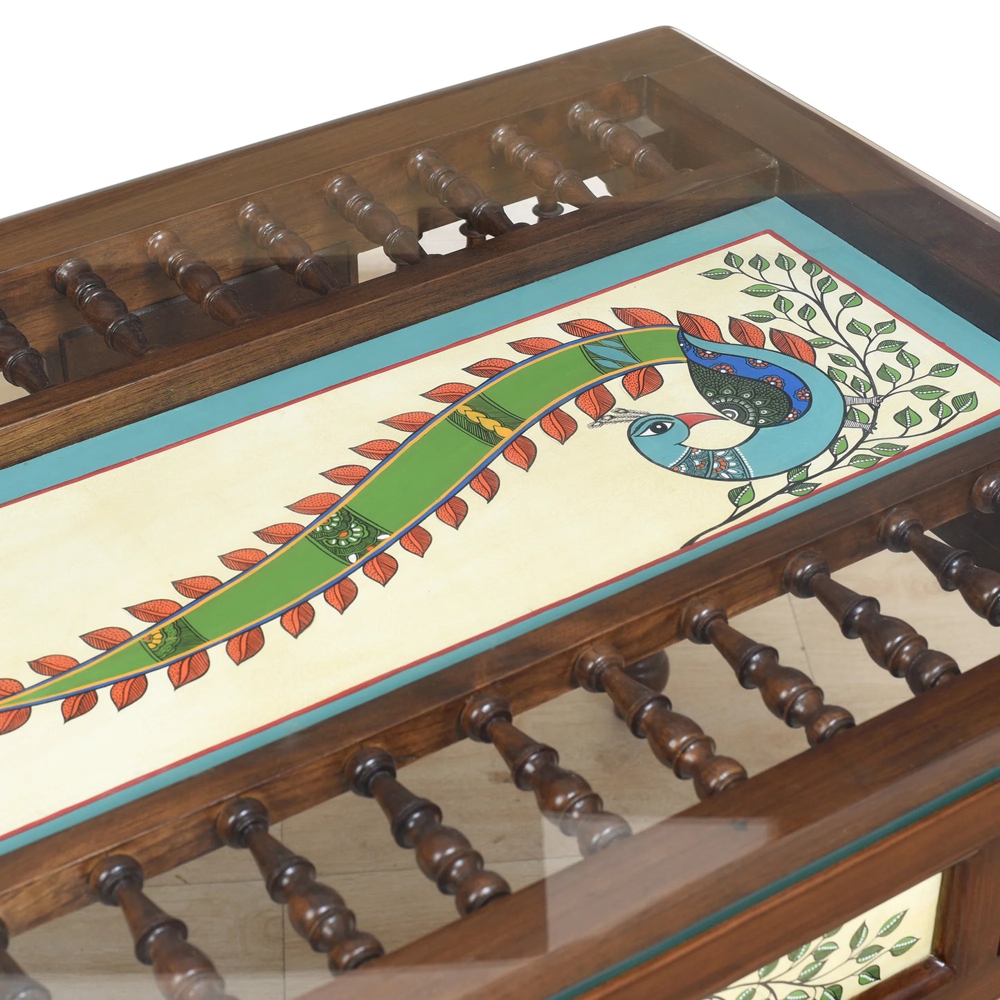Peacock-I Solid Teakwood Rectangular Coffee Table – 42-Inch Traditional Walnut Finish Center Table with Hand-Painted Art and Turned Spindles