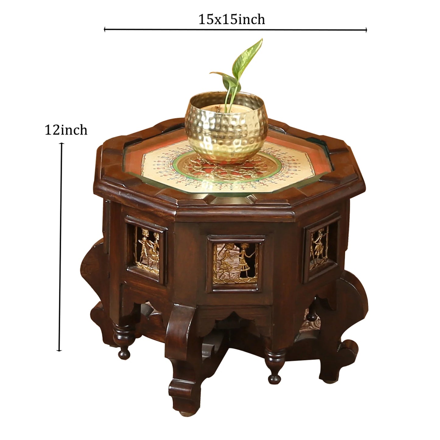 Princess Premium Teak Wood Low Height Accent Table – 15-Inch Octagonal Stool with Warli & Dhokra Art