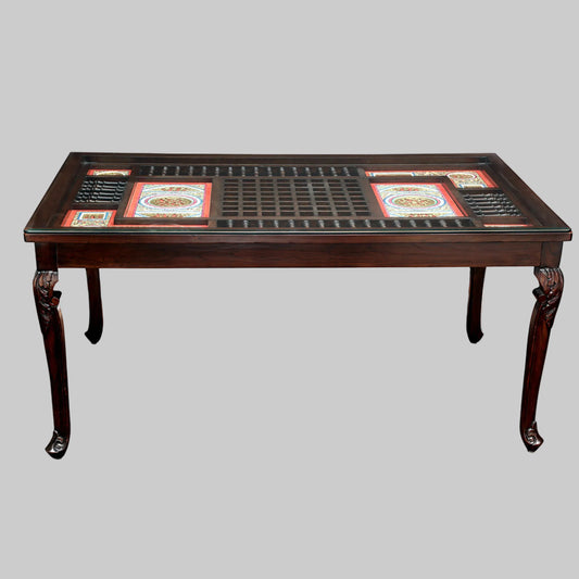Teakwood 6 Seater Dining Set | Walnut Finish | 66x42x30 Inches | Dhokra Artwork | Recto