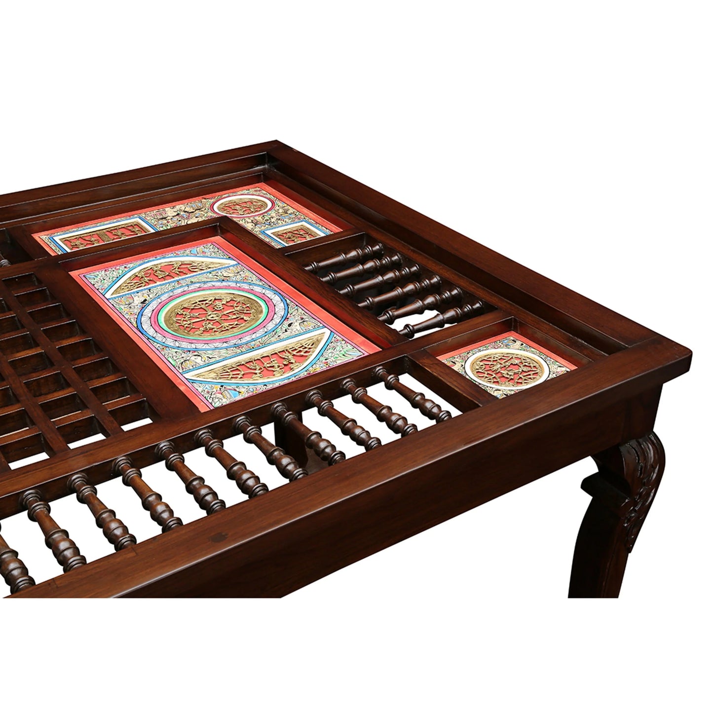 Teakwood 6 Seater Dining Set | Walnut Finish | 66x42x30 Inches | Dhokra Artwork | Recto