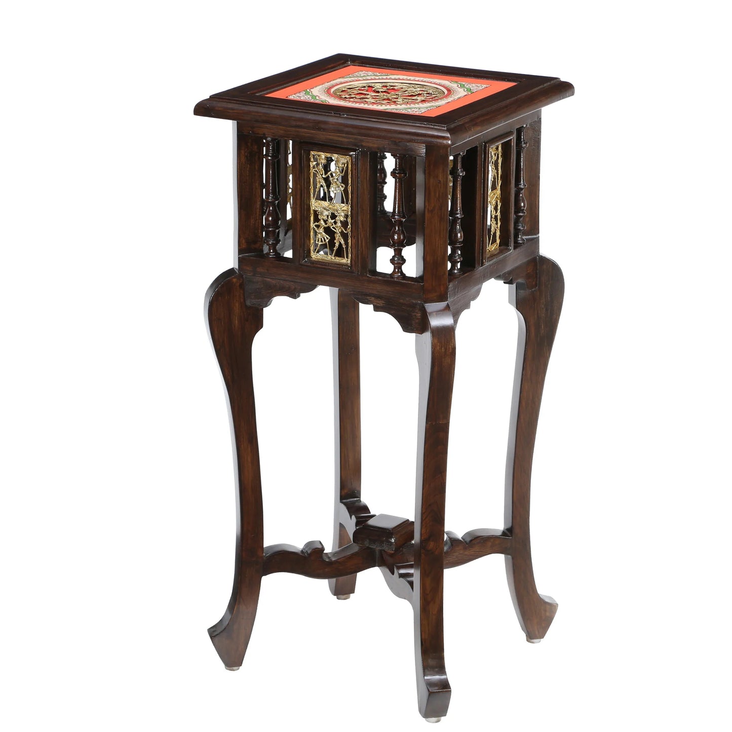 Shahi Premium Teakwood 30-Inch Tall End Table – Warli & Dhokra Art Accents