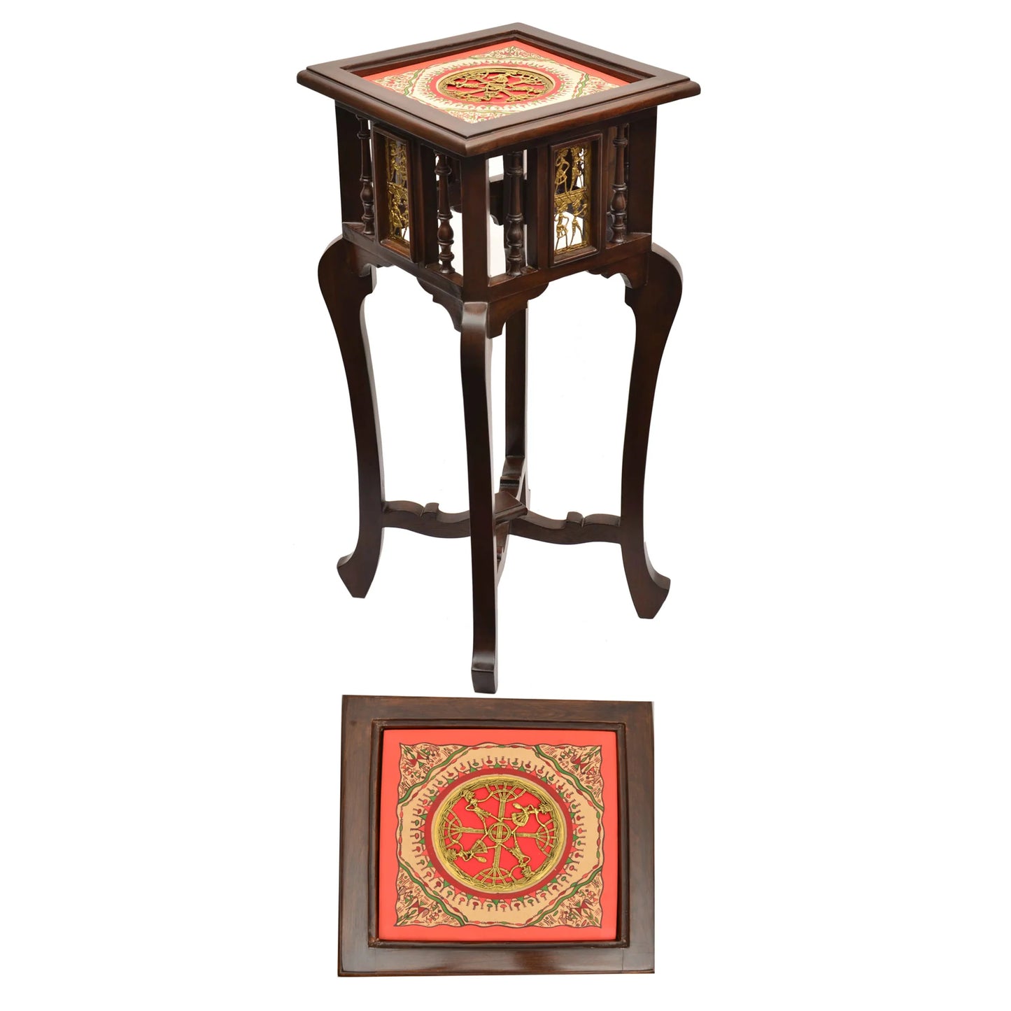 Shahi Premium Teakwood 30-Inch Tall End Table – Warli & Dhokra Art Accents