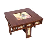Simona Premium Teakwood 4-Seater Coffee Table Set – 36-Inch Center Table with 4 Hideaway Stools (Warli & Madhubani Multi-Art Collage)