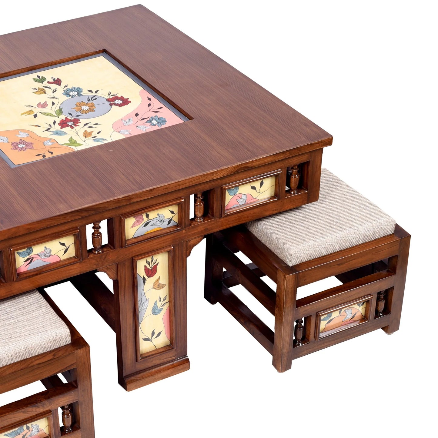 Simona Premium Teakwood 4-Seater Coffee Table Set – 36-Inch Center Table with 4 Hideaway Stools (Warli & Madhubani Multi-Art Collage)