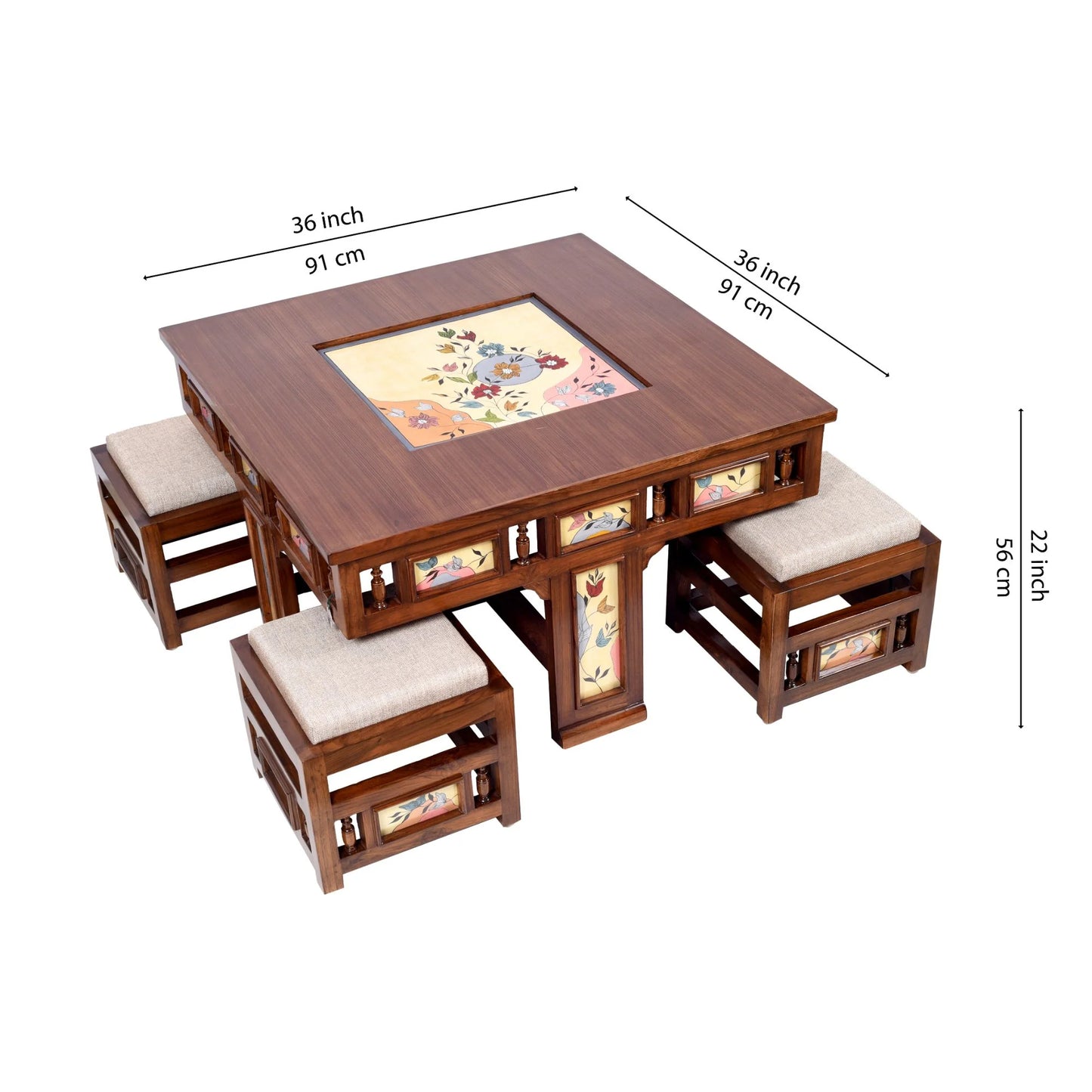 Simona Premium Teakwood 4-Seater Coffee Table Set – 36-Inch Center Table with 4 Hideaway Stools (Warli & Madhubani Multi-Art Collage)