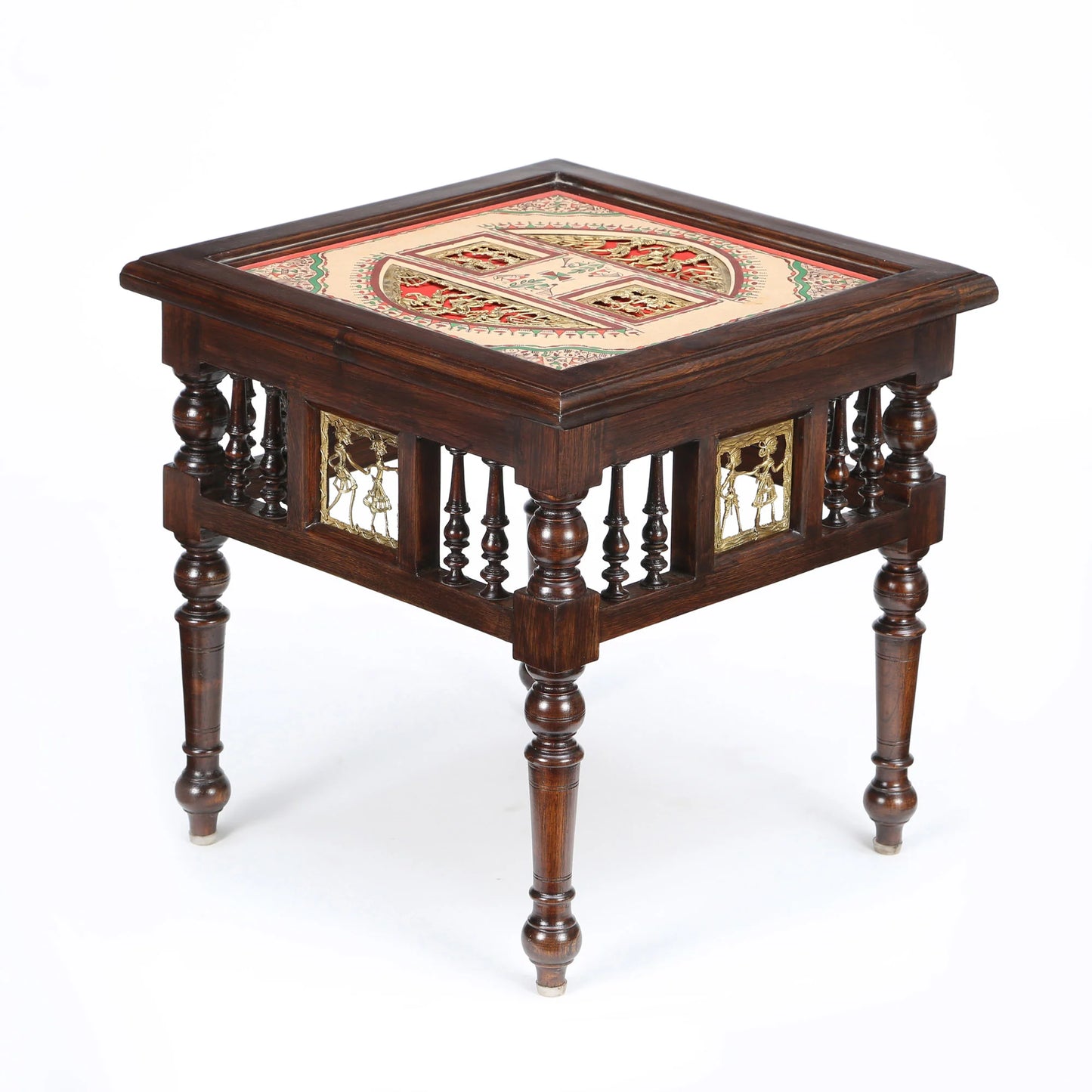 Soho Premium Teakwood 18-Inch Bedside Table – Warli & Dhokra Art Accents