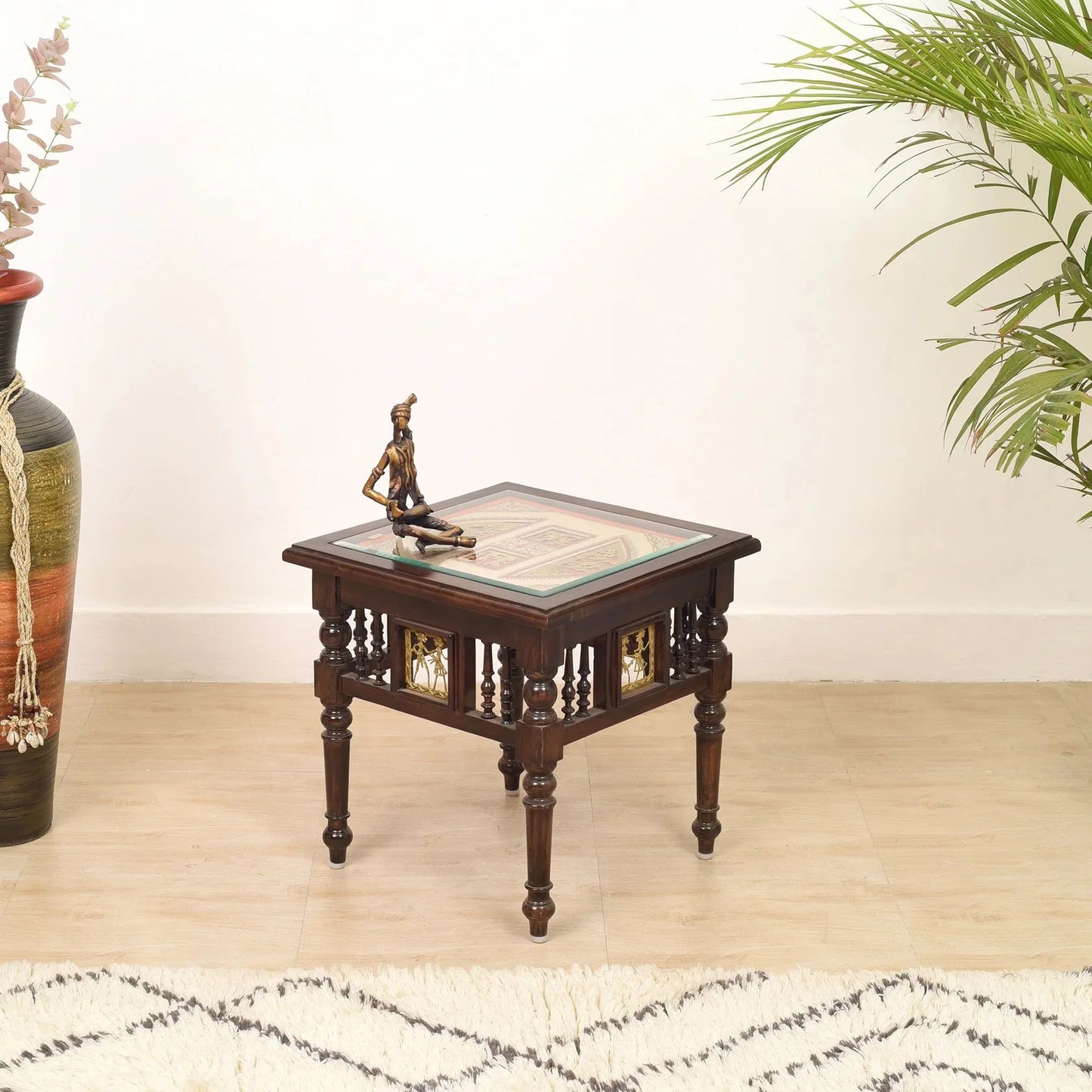 Soho Premium Teakwood 18-Inch Bedside Table – Warli & Dhokra Art Accents