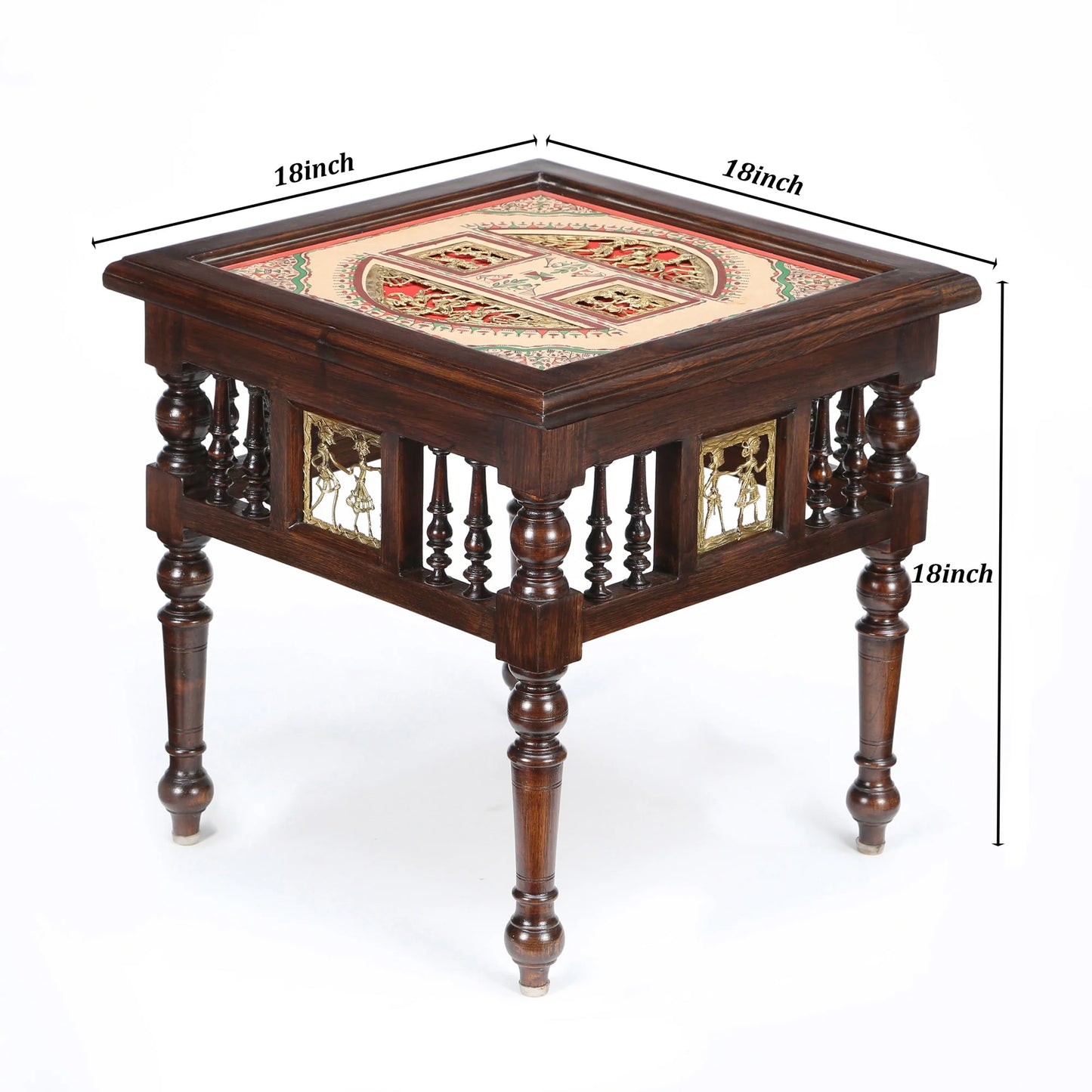 Soho Premium Teakwood 18-Inch Bedside Table – Warli & Dhokra Art Accents