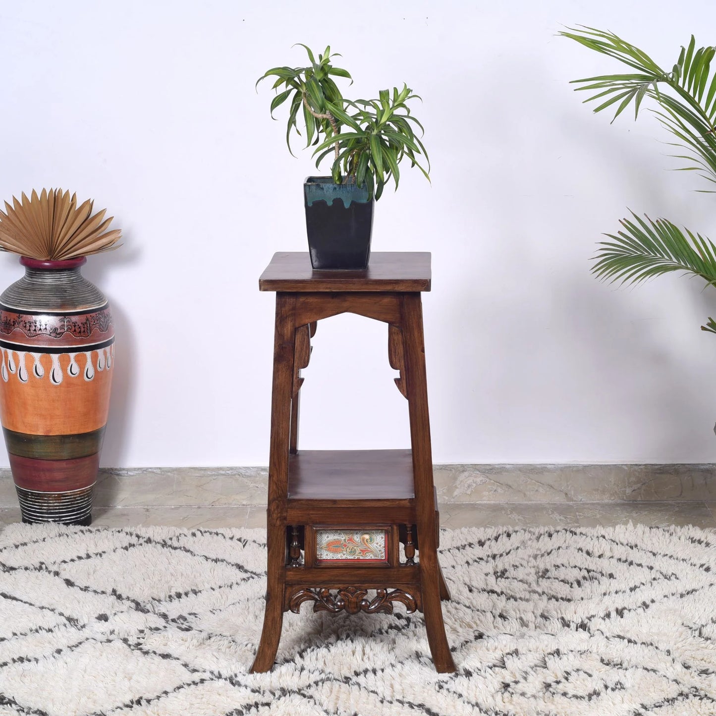Sphinx Premium Teakwood Planter Stand – 30-Inch Tall Accent Table with Warli & Dhokra Art