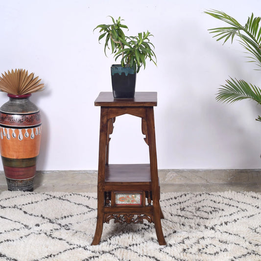Sphinx Premium Teakwood Planter Stand – 30-Inch Tall Accent Table with Warli & Dhokra Art