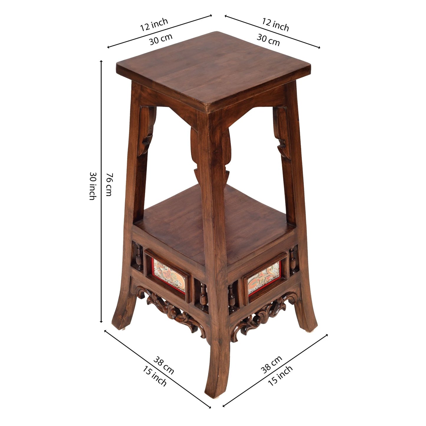 Sphinx Premium Teakwood Planter Stand – 30-Inch Tall Accent Table with Warli & Dhokra Art