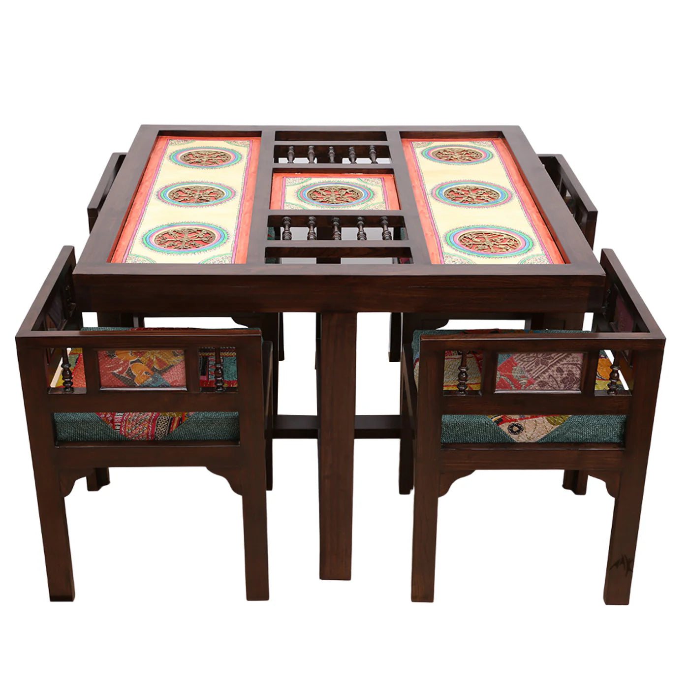 42" Square Teakwood Dining Table with Madhubani Art & Dhokra Brass Detailing | Mocha Dining Table