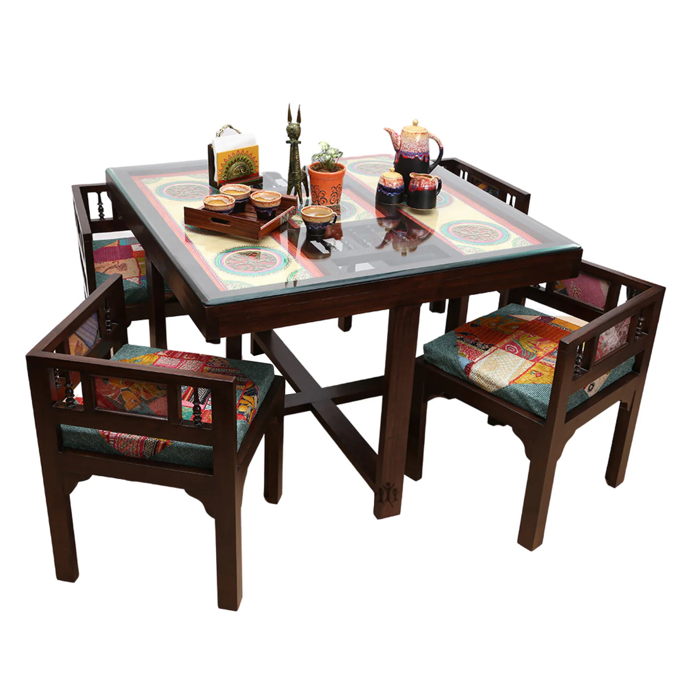 42" Square Teakwood Dining Table with Madhubani Art & Dhokra Brass Detailing | Mocha Dining Table