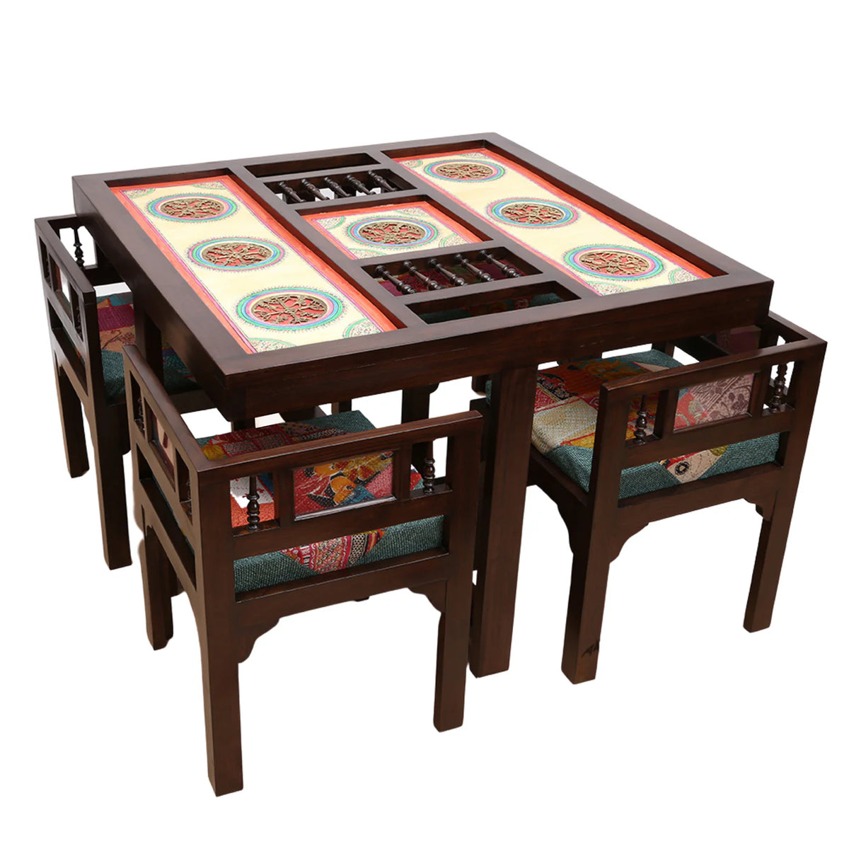42" Square Teakwood Dining Table with Madhubani Art & Dhokra Brass Detailing | Mocha Dining Table