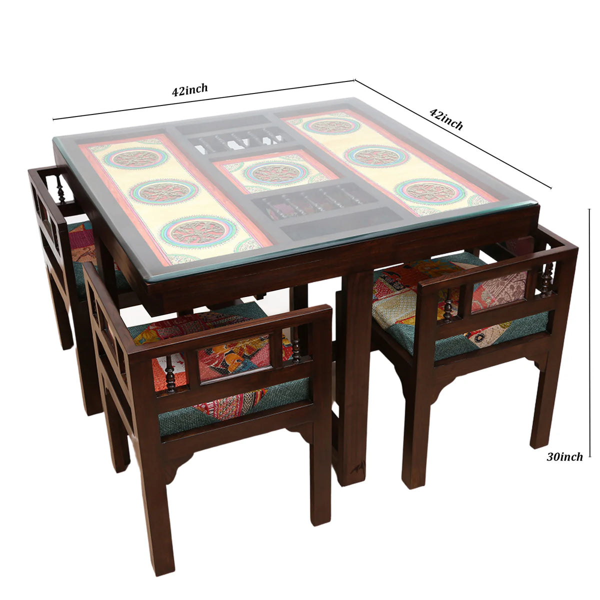 42" Square Teakwood Dining Table with Madhubani Art & Dhokra Brass Detailing | Mocha Dining Table