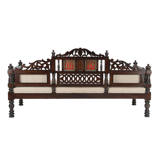 75-Inch Sultan Teakwood Takth – Three-Seater Daybed with Walnut Finish & Dhokra