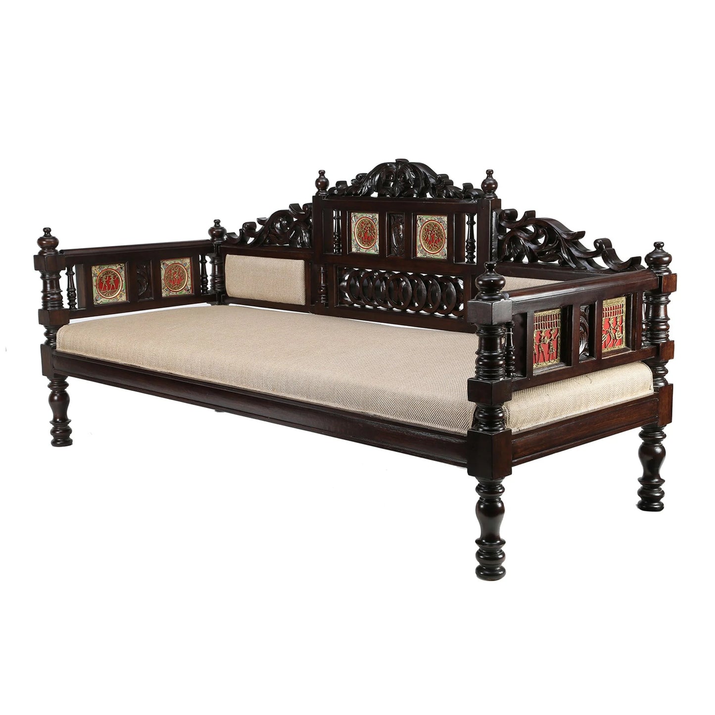 75-Inch Sultan Teakwood Takth – Three-Seater Daybed with Walnut Finish & Dhokra
