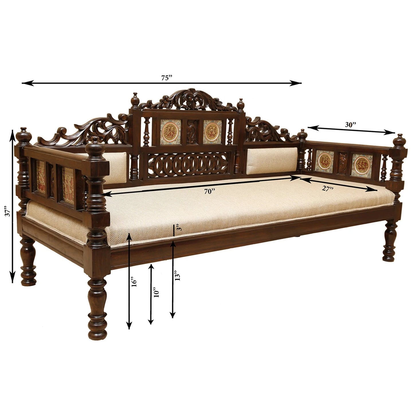 75-Inch Sultan Teakwood Takth – Three-Seater Daybed with Walnut Finish & Dhokra