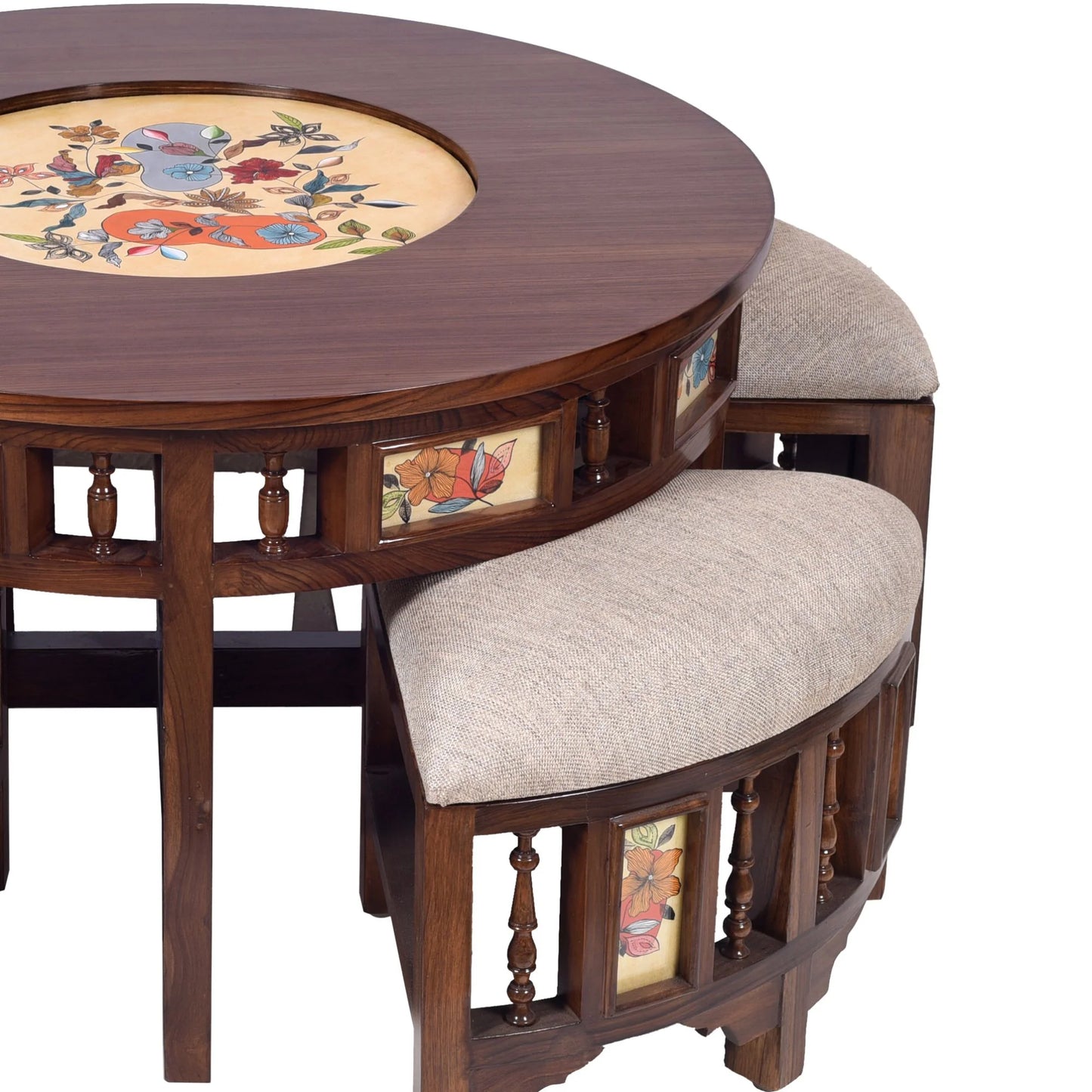 Swan Smart Premium Teakwood 4-Seater Coffee Table Set – Center Table with 4 Hideaway Stools (Warli & Madhubani Multi-Art Collage)