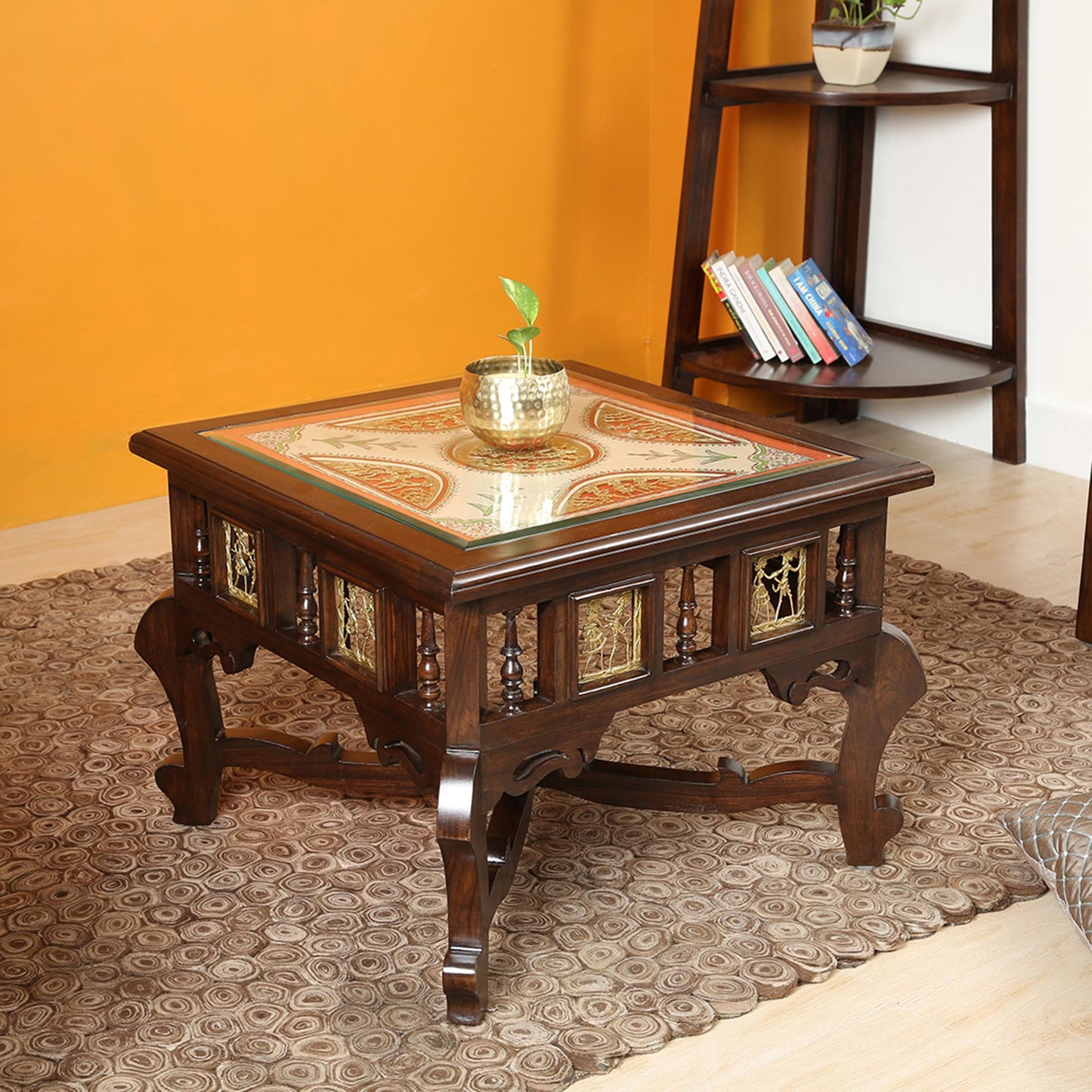 Tamas Solid Teakwood Square Coffee Table – 24-Inch Traditional Walnut Finish Center Table with Dhokra Metalcraft and Hand-Painted Art
