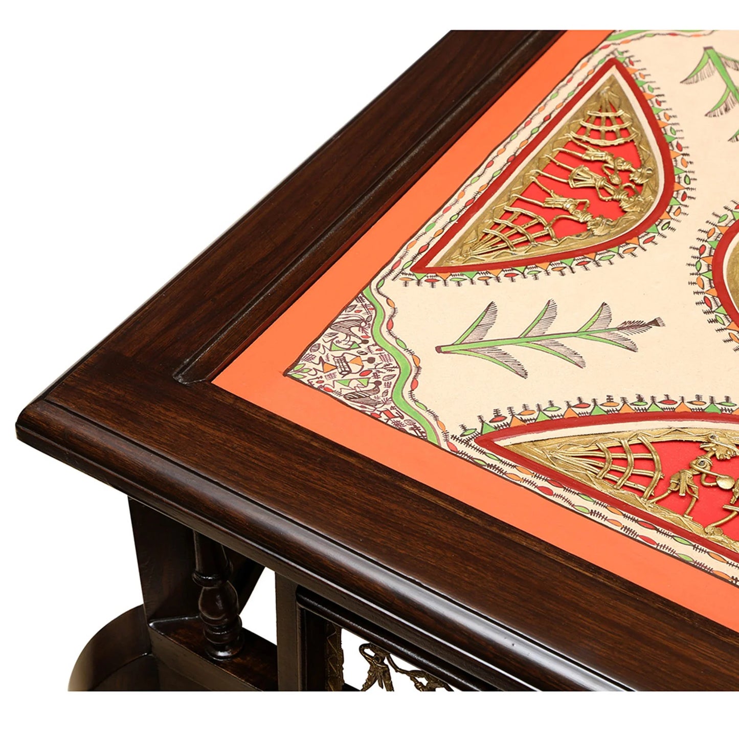 Tamas Solid Teakwood Square Coffee Table – 24-Inch Traditional Walnut Finish Center Table with Dhokra Metalcraft and Hand-Painted Art