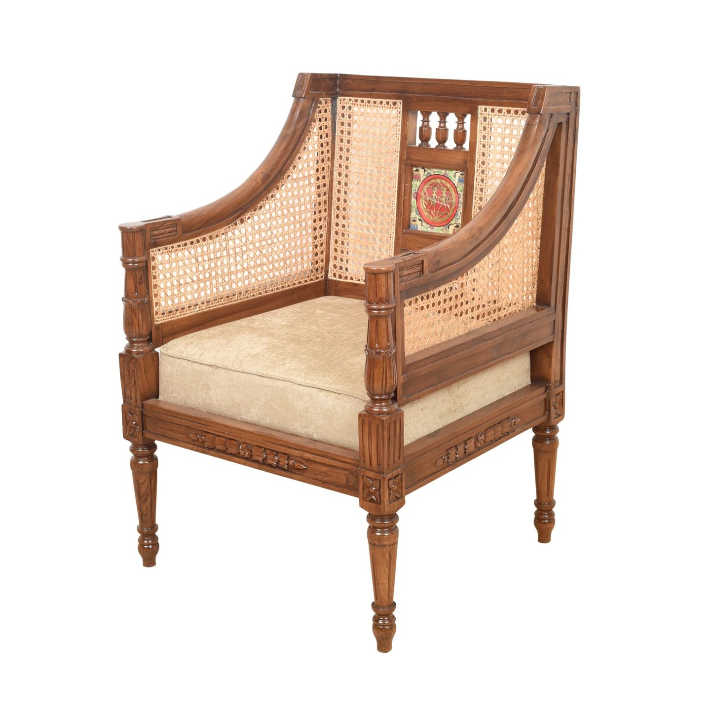 Single Seater Teakwood Sofa with Madhubani Art, Dhokra Brass, and Natural Cane | Orchid