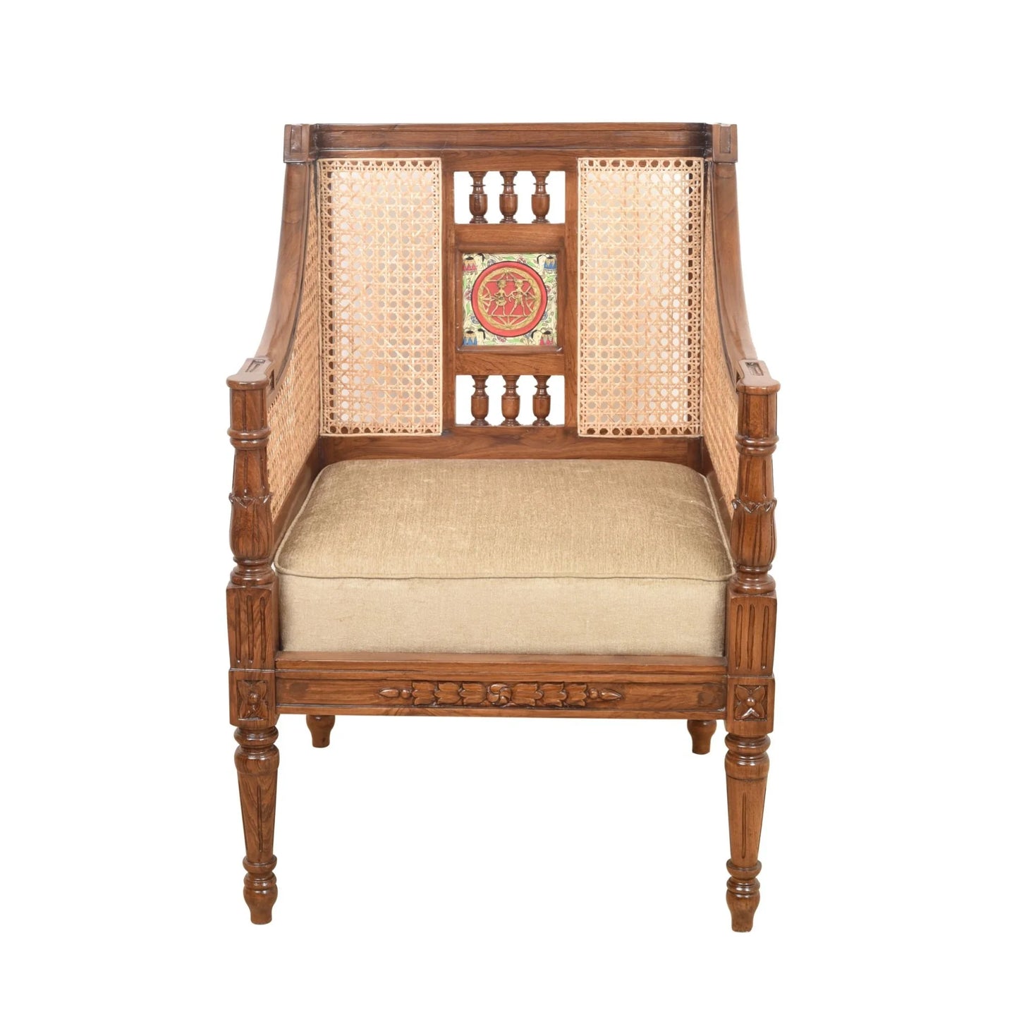 Single Seater Teakwood Sofa with Madhubani Art, Dhokra Brass, and Natural Cane | Orchid