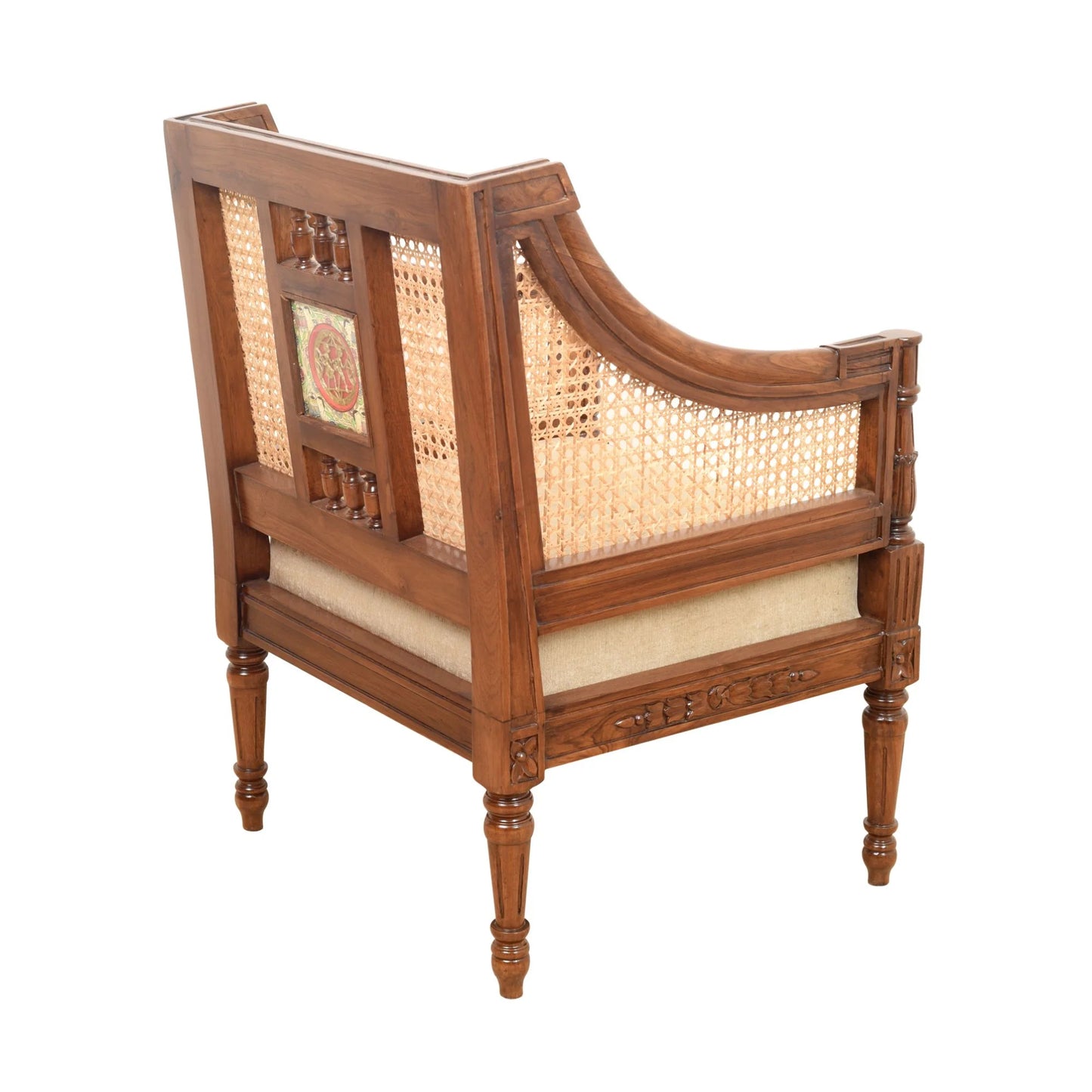 Single Seater Teakwood Sofa with Madhubani Art, Dhokra Brass, and Natural Cane | Orchid