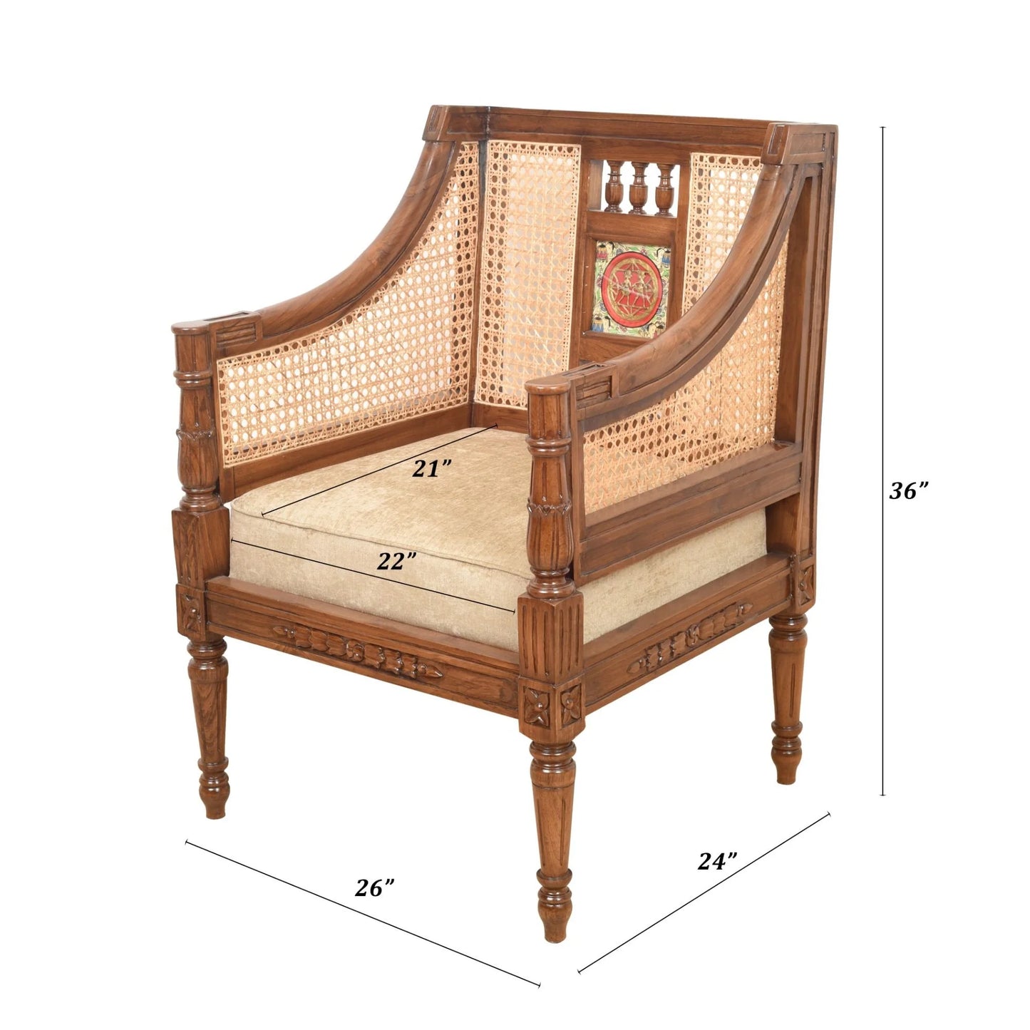 Single Seater Teakwood Sofa with Madhubani Art, Dhokra Brass, and Natural Cane | Orchid