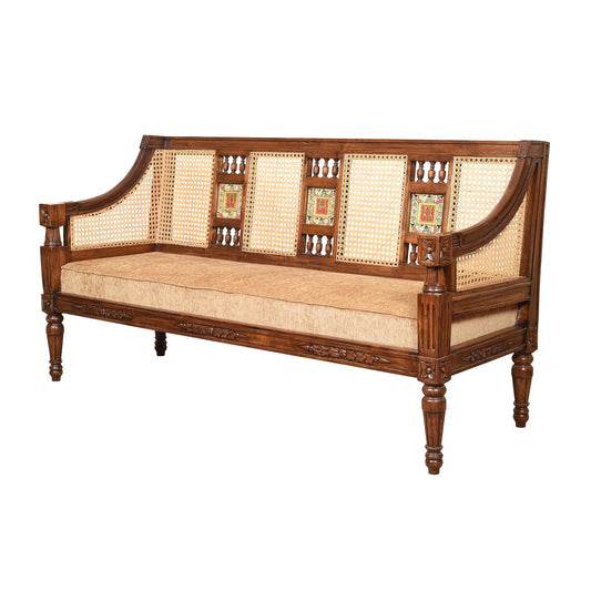 3 Seater Teakwood Sofa with Madhubani Art, Dhokra Brass, and Natural Cane | Tulip