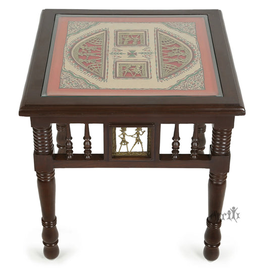 Yuge-III Premium Teakwood 20-Inch Bedside Table – Square Accent Cube with Warli & Dhokra Art