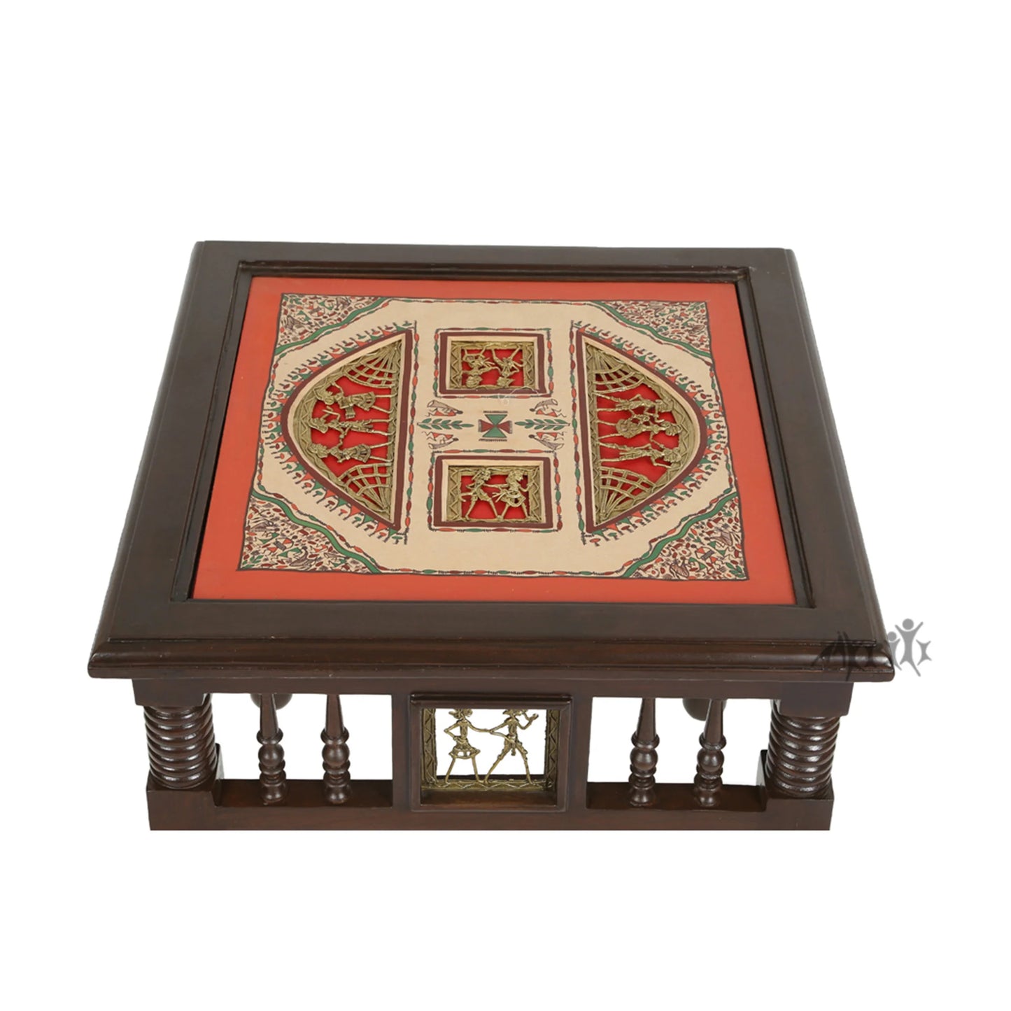 Yuge-III Premium Teakwood 20-Inch Bedside Table – Square Accent Cube with Warli & Dhokra Art