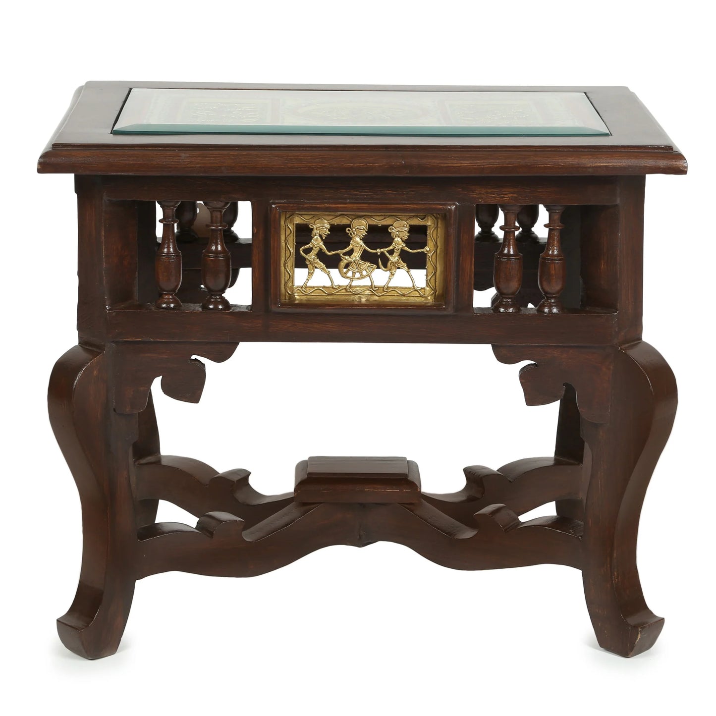 Yuge-II Premium Teakwood Low End Table – Rectangular Accent Stand with Warli & Dhokra Art