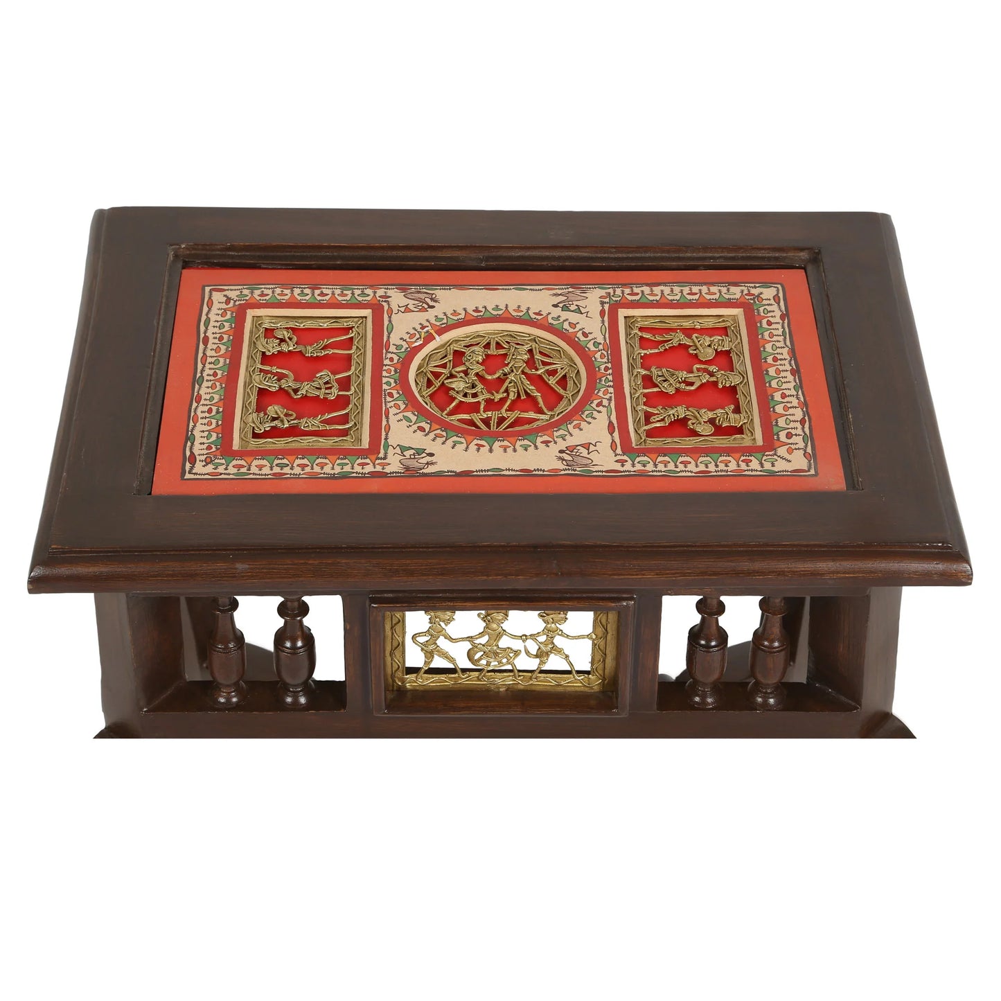 Yuge-II Premium Teakwood Low End Table – Rectangular Accent Stand with Warli & Dhokra Art