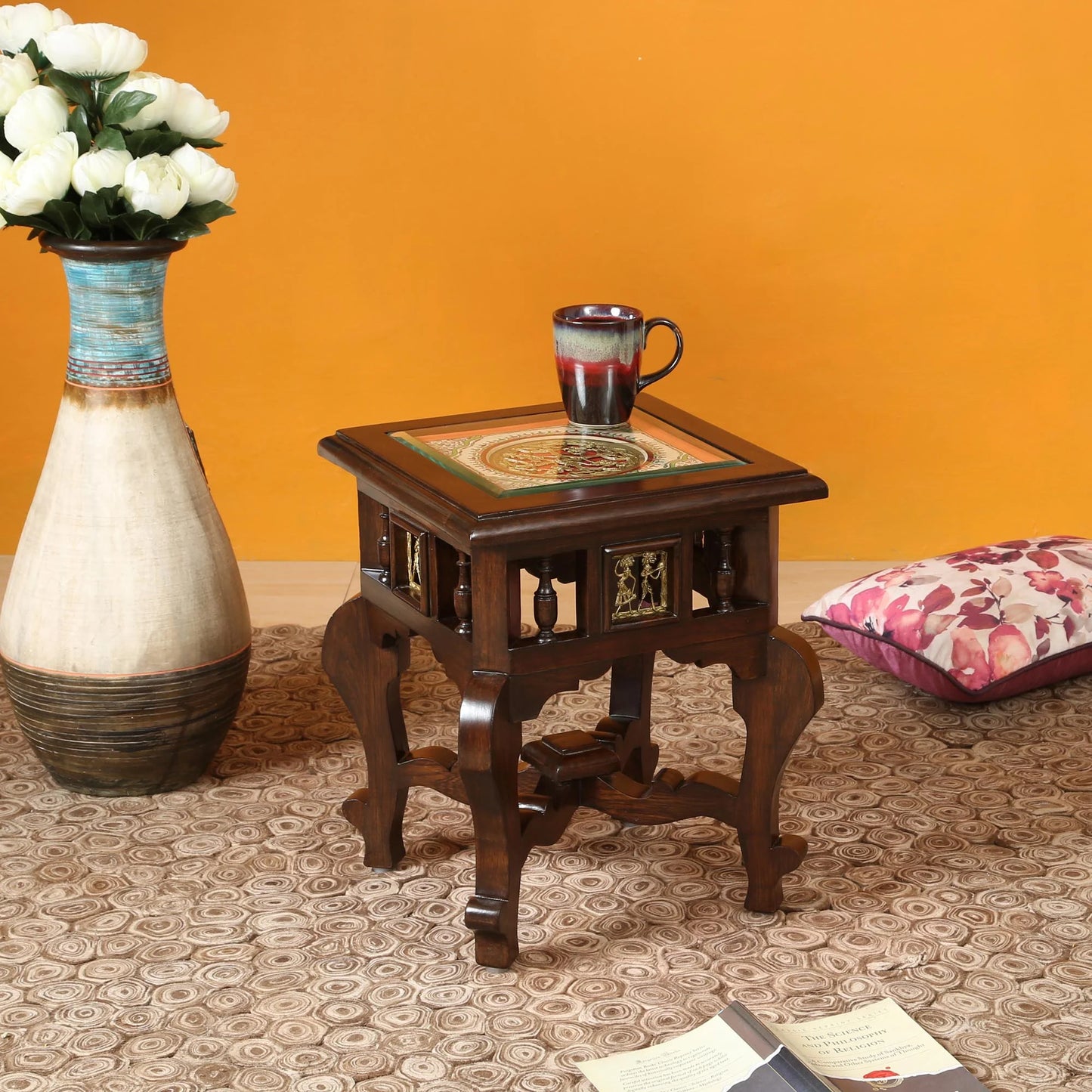 Yuge Premium Teakwood 17-Inch Low End Table – Square Accent Stand with Warli & Dhokra Art