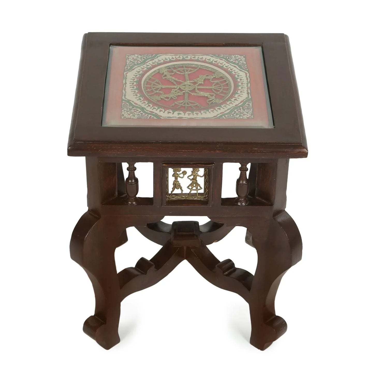 Yuge Premium Teakwood 17-Inch Low End Table – Square Accent Stand with Warli & Dhokra Art