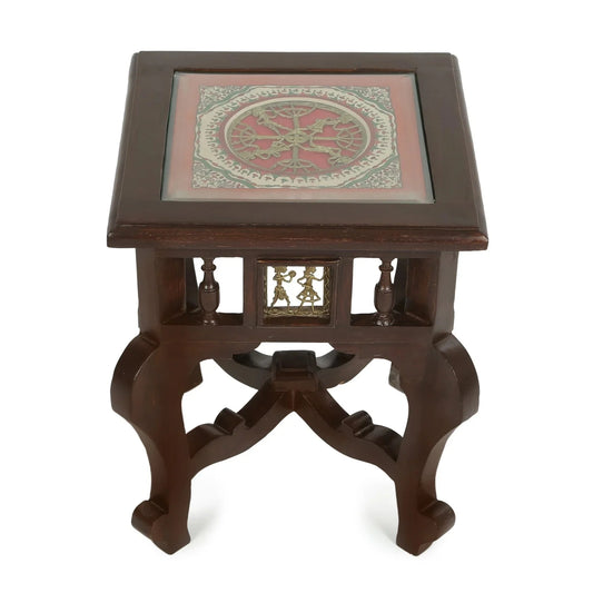 Yuge Premium Teakwood 17-Inch Low End Table – Square Accent Stand with Warli & Dhokra Art