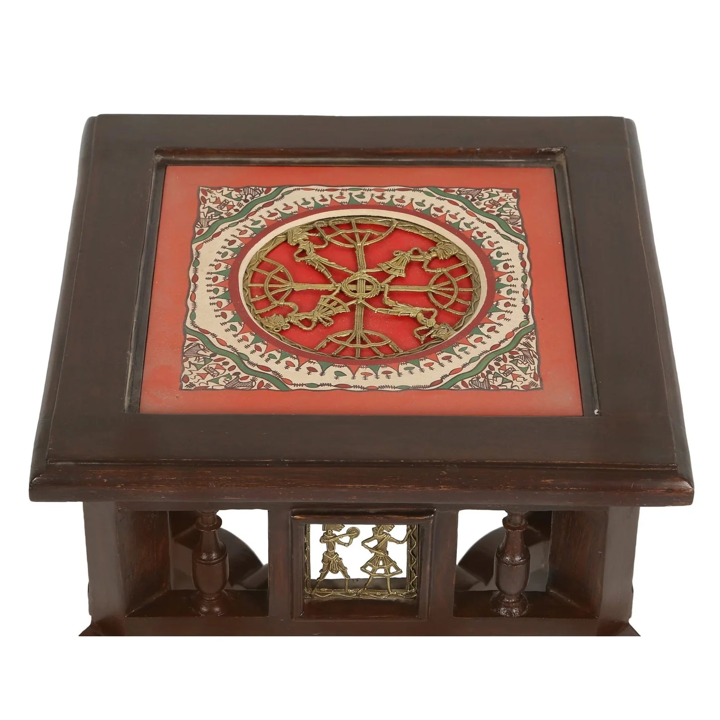 Yuge Premium Teakwood 17-Inch Low End Table – Square Accent Stand with Warli & Dhokra Art