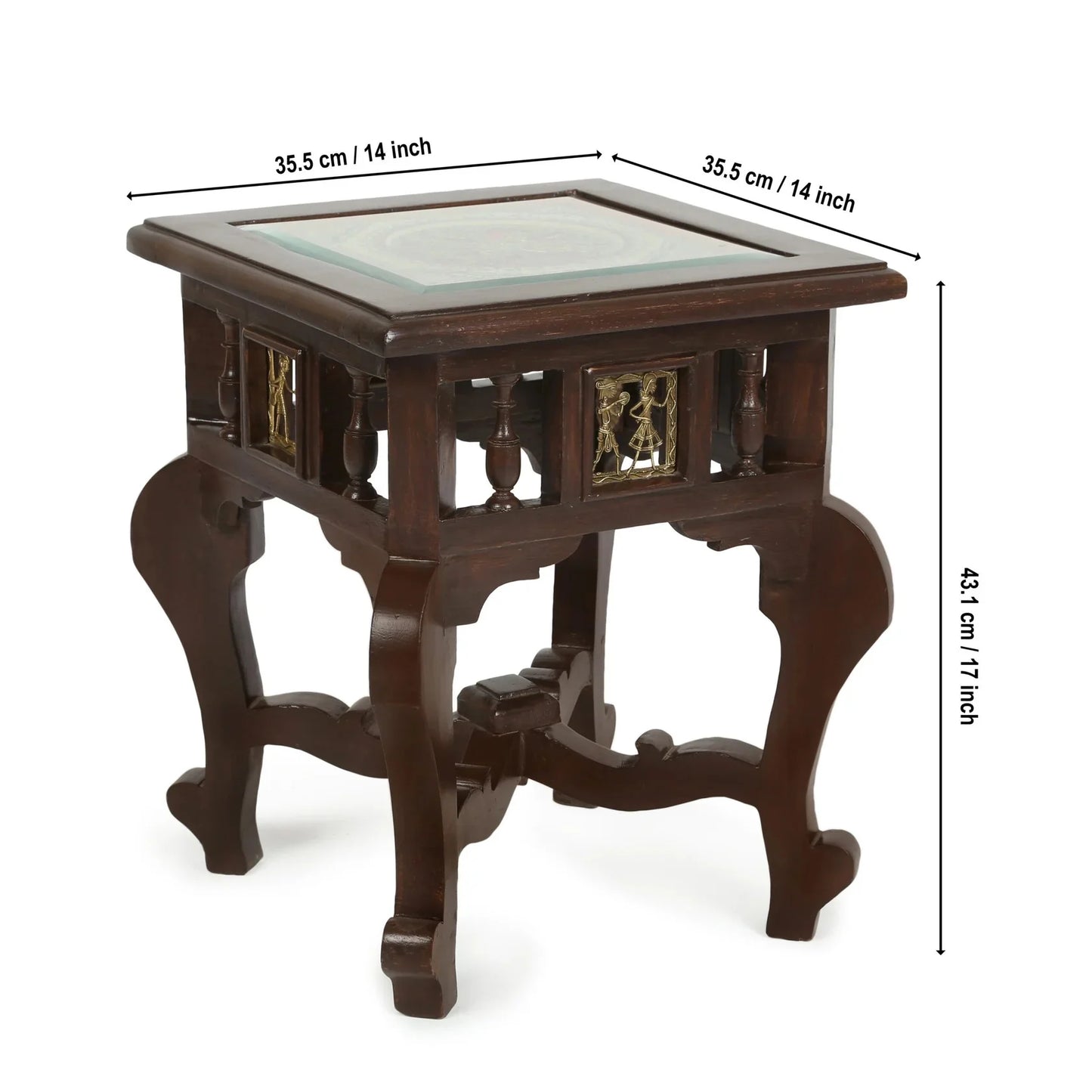 Yuge Premium Teakwood 17-Inch Low End Table – Square Accent Stand with Warli & Dhokra Art