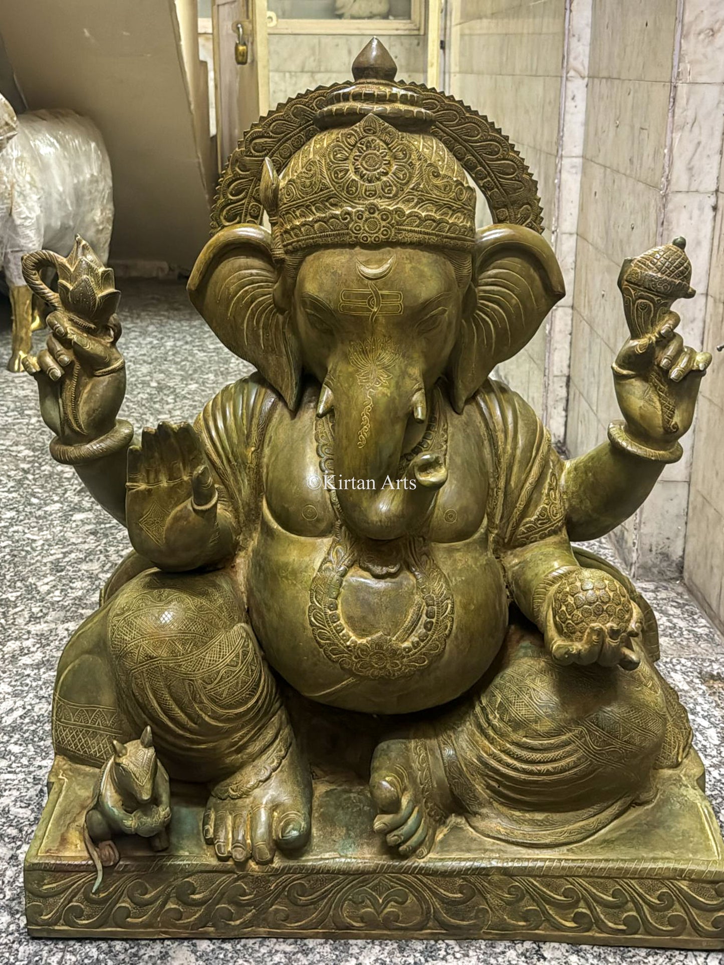 Brass Ganesha Seated Large | 33" | Green Antique Finish