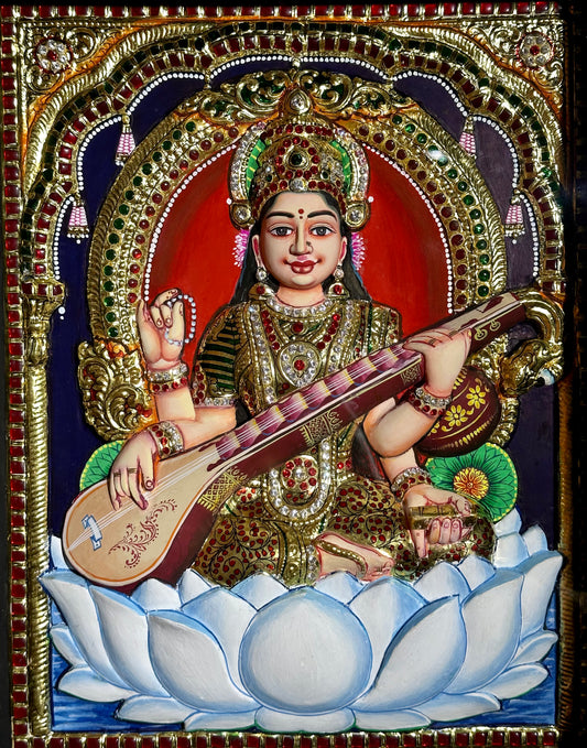 Tanjore Goddess Saraswati Embossed Painting 17"