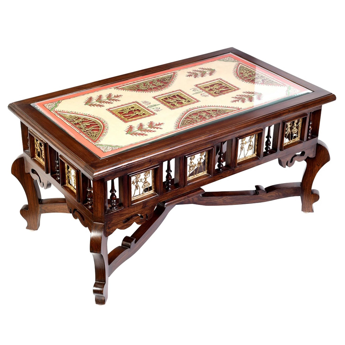 Voila Solid Teakwood Rectangular Coffee Table – 36-Inch Traditional Walnut Finish Center Table with Dhokra Metalcraft and Hand-Painted Art